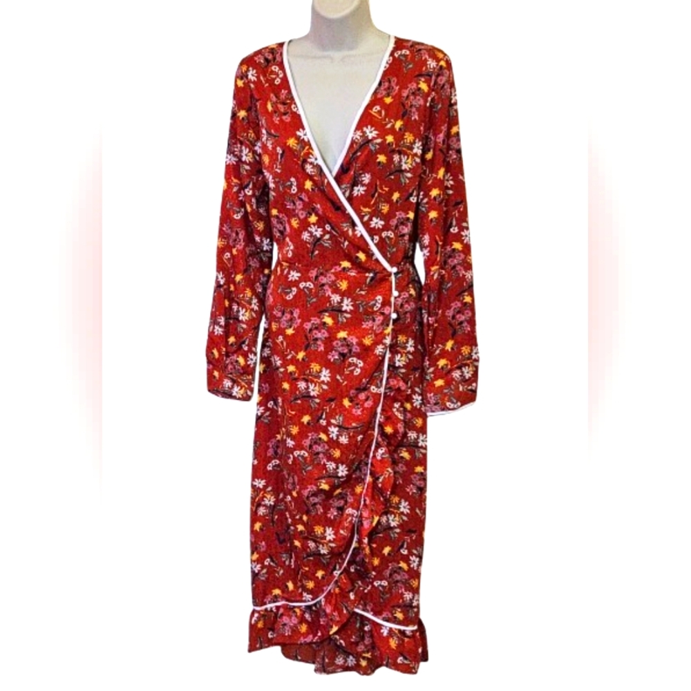 Free People Covent Garden Red Combo Wrap Midi Ruffle Dress,Size 10,NWT